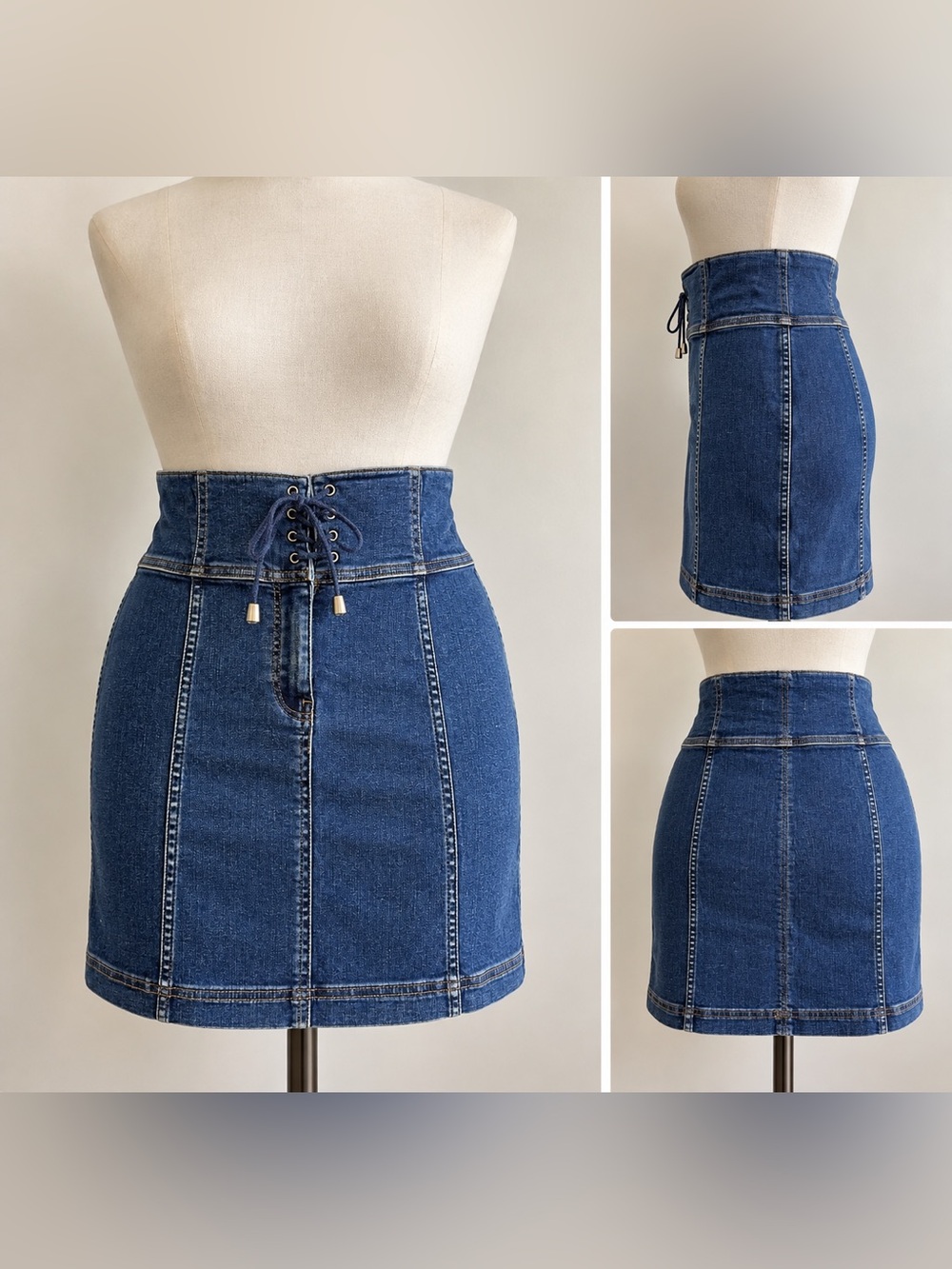 Free People Modern Femme Corset Denim Mini Skirt Lace Up Blue Size 6